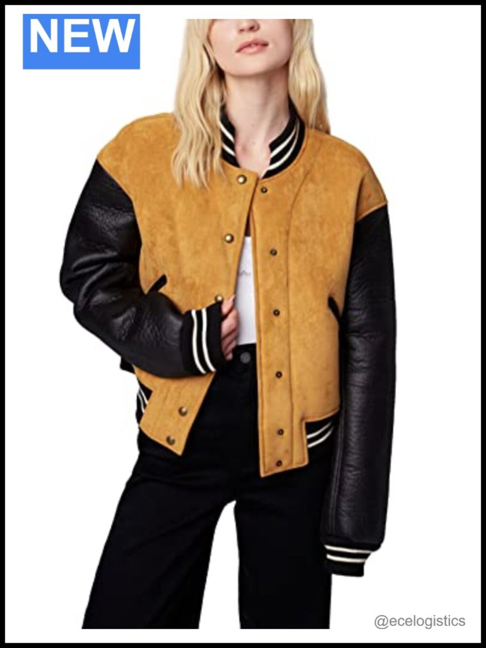 Faux Leather & Suede Bomber Jacket Long Sleeve Relaxed Fit